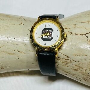 South Carolina Gamecocks 18K GP stainless steel watch with black leather band